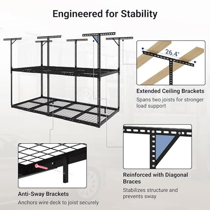 FLEXIMOUNTS 4x8 2-Tier Garage Ceiling Storage Rack, Black | 1000 lbs Capacity, Adjustable Height Overhead System, Heavy Duty Metal Shelving, Ideal for 9-15 ft High Ceilings