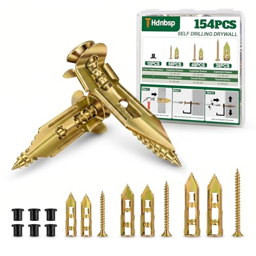 154Pcs Self Drilling Drywall Anchors with Screws Kit, 3 Sizes Metal Expansion Anchors for Drywall, Zinc Plated Sheetrock Wall Anchors No Drill for Pictures, Shelves, Mirrors, Hooks, Wall Decor