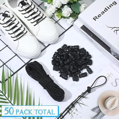 Patelai 50 Pieces Cord Locks Spring Toggles Stoppers Plastic Single Hole End Stopper Slider and 1/8 Inch 66 Feet Elastic Bungee Cord for Drawstring Shoelaces Clothing Bags(Black, Mixed Style) - size: Black, style: Mixed Style