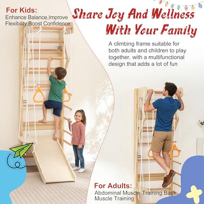 Wooden Indoor Jungle Gym 6-in-1 Playground Climbing Toys for Kids Ages 2-6, Climbing Playset Wall Ladder, Pull-Up Bar, Rope Ladder, and Gymnastic Rings, Supports 242 lbs (6-in-1) - size: 6-in-1