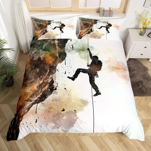 Erosebridal Rock Climber Twin Duvet Cover for Men Women, Watercolor Mountain Climbing Bedding Set for Adults, Rock Climbing Bouldering Duvet Cover Set, Extreme Sports Theme Bed Sets - color: White Grey, size: Twin(No Comforter)