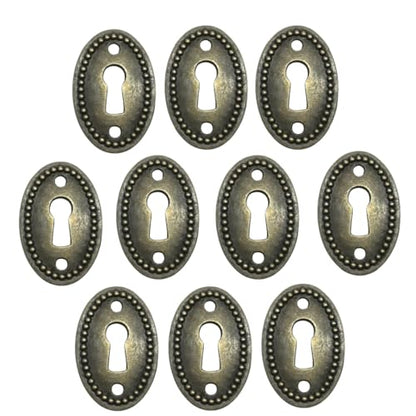 Oval Stamped Antique Brass Decorative Keyhole Cover Plate, Keyhole Escutcheon Plate for Cabinet, Door, Dresser, Drawers, Desk Furniture Hardware 10 Pack