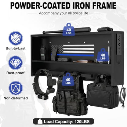Police Gear Rack with Built-in Power Strip, Tactical Gear Organizer Stand for Duty Belt, Police Vest, Body Armor, Plate Carrier, Helmet Storage, Heavy Duty Gear Rack - size: Wall Mounted