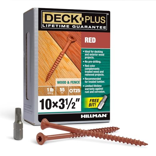 Deck Plus 3-1/2 Inch Epoxy Coated Exterior Wood and Fence Screws #10 x 3-1/2" Torx/Star Drive Included Coarse Thread, Outdoor Rust Resistant Decking Screw, Red, 1lb Box, 55 Pieces | 48435 - color: Red, size: #10 x 3-1/2", style: 55 pcs