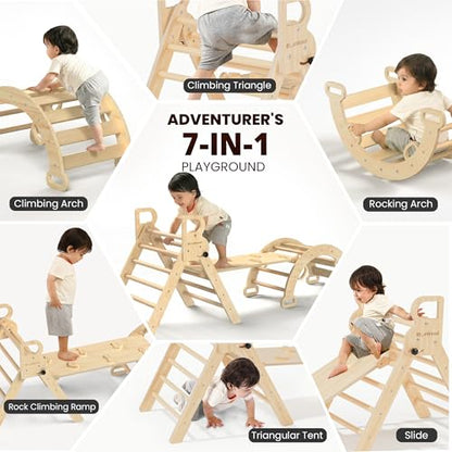 BlueWood Pikler Triangle Set, Toddler Climbing Toys Indoor 7in1 Foldable | Wooden Climber for Kids, Montessori Philosophy Play Jungle Gym with Arch, Ramp, Ladder (Natural) - color: Natural