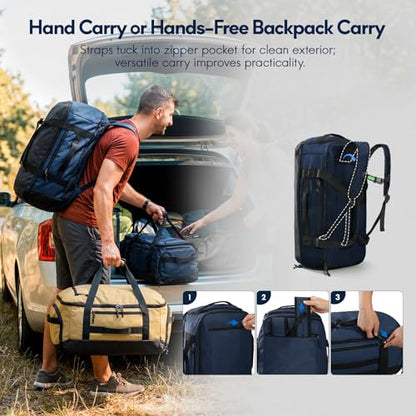Haimont 60L Foldable Travel Duffel Backpack, Navy Blue | Shoe Compartment, Stowable Straps, U-Shaped Opening, Water-Resistant Build - color: Navy Blue