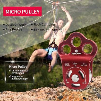NewDoar 30 KN CE Certified Three Holes Rescue Climbing Pulley,for Max Rope 13mm Rope Hauling with Bearing Rappelling, Zipline,Durability Side Plates - color: Pack of 2(30KN Pulley Red)