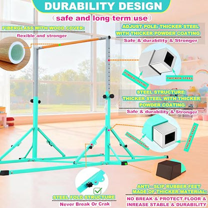 Marfula Gymnastic Bar For Kid and Teenage of 3-25, 5Ft/8 FT Base Length 4Ft Width 5Ft Adjust Height, Gymnastic Kip Bar For Gymnast, Gymnastic Training Equipment For Professional Training Home Club Use - color: Teal(5 Ft Base)