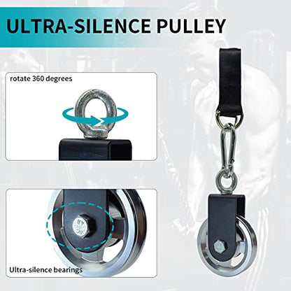 Exercise Equipment Cable Pulley with Hanging Strap and Carabiner, 3.74in/95mm Silent Rotation 360 Degree Pulley for Home Gym Pulley System Workout Equipment DIY Cable Pulley Lat Pulldown Attachments