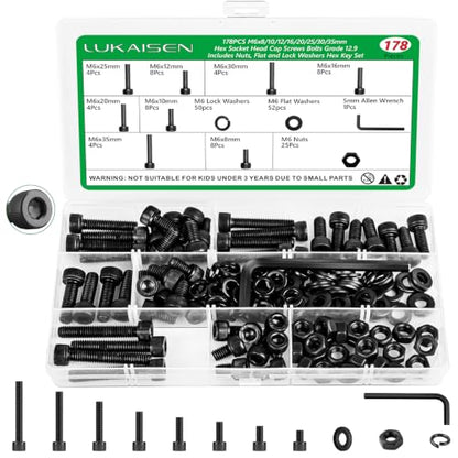 178 Pcs M6 12.9 Black Steel Socket Cap Screws Nuts Washers Kit | High-Tensile, M6 x 8mm to 35mm with Flat & Spring Washers and Wrench for Automotive and DIY, Clear Label Storage Box - size: M6 178pcs 3