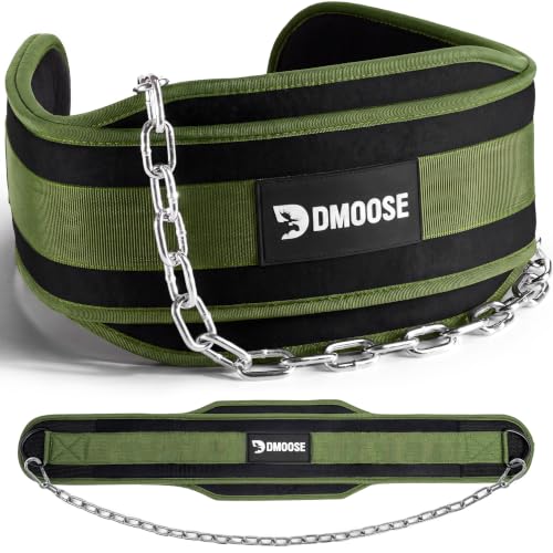 DMoose Fitness Dip Belt for Weight Lifting, Pullup, Squats & Dips - 36" Robust Steel Chain, Comfortable Neoprene Padding Supports 350lbs - Gym Weight Belt for Strength Training Workout & Weightlifting - color: Military Green