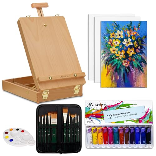 Art Supplies 27 Pcs Art Set with Portable Adjustable Tabletop Easel | Easel Set with 12 Colors Acrylic Paint, 10 Paint Brushes, 3 Canvas Panels, Palettes, Gift for Student Artist Beginner - style: Sketchbox Set