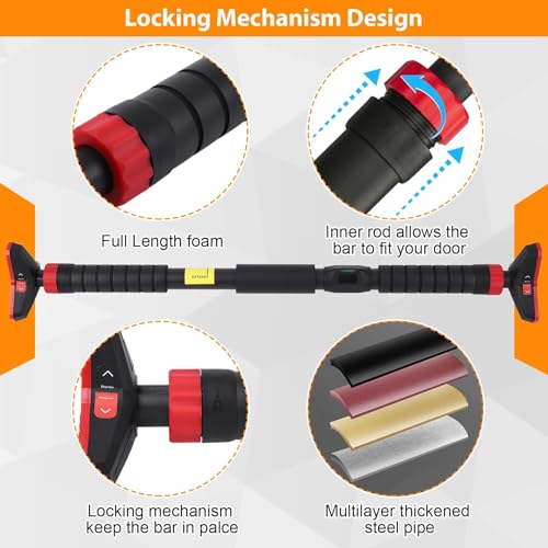 Pull Up Bar for Doorway,Adjustable Chin Up Bar for with Level Meter | 440 LBS Max Load,No Screws Needed - color: Red 4