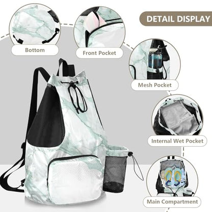 Drawstring Climbing Gym Bag With Inside Pockets Drawstring Bags with Wet Dry Compartments Light Green Luxury Marble Texture
