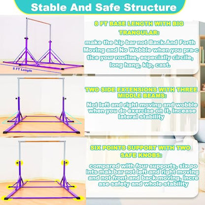 Marfula Gymnastic Bar For Kid and Teenage of 3-25, 5Ft/8 FT Base Length 4Ft Width 5Ft Adjust Height, Gymnastic Kip Bar For Gymnast, Gymnastic Training Equipment For Professional Training Home Club Use - color: Purple (Bar with Mat - 8 Ft Base)