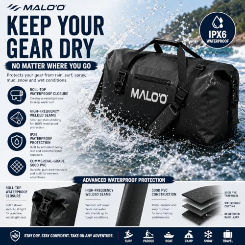 Malo’o Waterproof Dry Duffel, Heavy-Duty Roll Top Waterproof Gear Bag with Shoulder Strap & Molle Loops, Marine Duffel for Kayaking, Boating, Camping, Beach & Travel, Dark Green, 100L - color: Dark Green, size: 100L