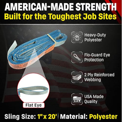 Chenango Supply Eye & Eye 2 Ply Rigging DD Slings | USA-Made, Heavy Duty, Marine Flo Guard Polyester, for Lifting & Material Handling (Multiple Sizes and Capacities) - size: 1" x 20'
