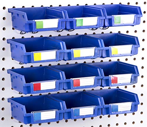 Pegboard Bins - 12 Pack Blue - Hooks to Any Peg Board - Organize Hardware, Accessories, Attachments, Workbench, Garage Storage, Craft Room, Tool Shed, Hobby Supplies, Small Parts - color: Blue, size: 3.5 Inch (Pack of 12)