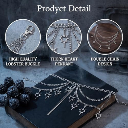 2 Pcs Thorn Heart Waist Chain Belt, Punk Gothic Belt Chains with Pant Chain for Women Girl
