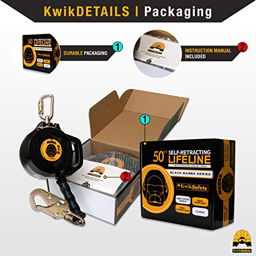 KwikSafety - Charlotte, NC - Mamba 50’ Self Retracting Lifeline [Carbonate + Integrated Handle] Class 1 Cable SRL ANSI OSHA Retractable Fall Arrest Safety Roofing Construction Gear - size: 50FT