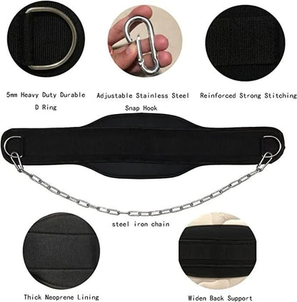 Neoprene Dip Belt with Steel Chain, Padded Waist Strap for Pull-Up Dip Strength Training, Gym Bodybuilding Weight Loading Accessory