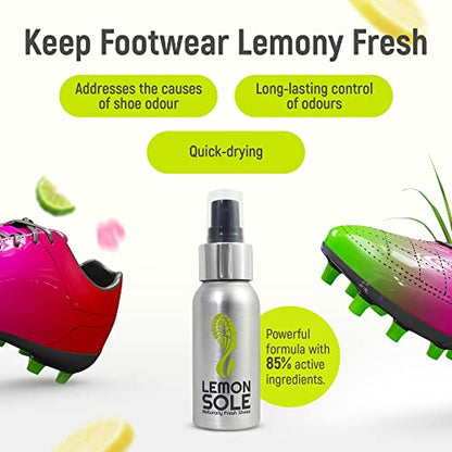 NATURAL SHOE FRESHENER & DEODORISER, Freshening Shoe Spray with 6 Powerful Essential Oils for Long-Term Odour Control, Designed for Sports, Fresh Lemon Scent.