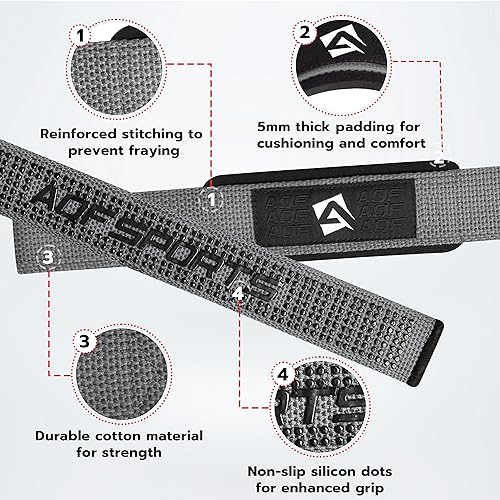 AQF Weight Lifting Straps, Padded Cotton Gym Wrist Straps for Deadlifts | 23" Extra-Long, Heavy-Duty Webbing, 5mm Neoprene Cushioning, Open-Loop Design, Sold as Pair, Ideal for Rows & Pull Workout - color: Grey Gel Grip