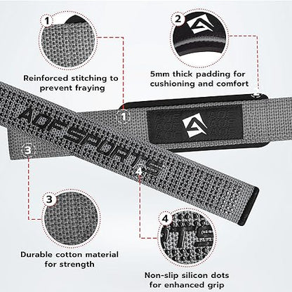 AQF Weight Lifting Straps, Padded Cotton Gym Wrist Straps for Deadlifts | 23" Extra-Long, Heavy-Duty Webbing, 5mm Neoprene Cushioning, Open-Loop Design, Sold as Pair, Ideal for Rows & Pull Workout - color: Grey Gel Grip
