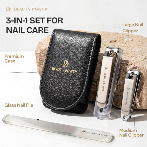 Beauty Power Nail Clippers Set 3 in 1 - Stainless Steel Toe Nail Clippers, Fingernail Clipper, Glass Nail File, Anti Splash, Ergonomic Grip in Black PU Leather Travel Case for Men - Father's Day - color: Black Case