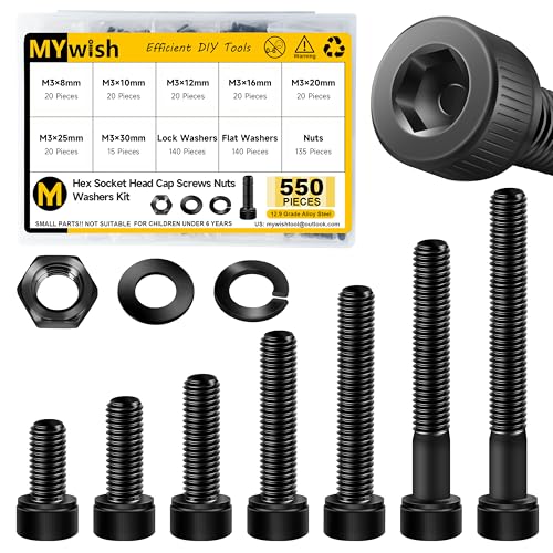 Mywish 550Pcs M3 Screw Metric Screw Assortment, Grade 12.9 Alloy Steel Hex Socket Head Cap, Metric Bolt Assortment, Flat & Spring Lock Washers/Nuts, Black Oxide, Anti Rust Machine Screws - color: Black, size: 550Pcs M3