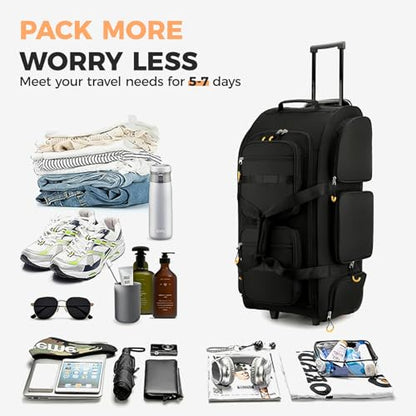 Searock 90L Rolling Duffle Bag with Wheels and Handle, 31” Large Duffle Bag for Travel, Carry On Luggage Duffel Bag with Shoe Compartment, Multi-Pocket, Water Resistant, Black - color: Black