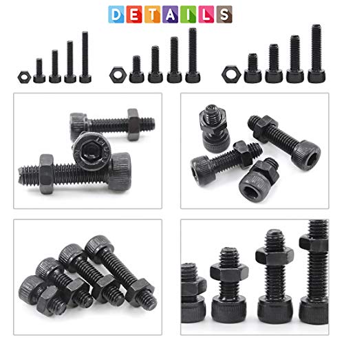 Glarks 510Pcs M3 M4 M5 12.9 Grade Alloy Steel Socket Cap Bolts Screws with Nuts Assortment Kit, Black Oxide Finish - size: Hex Socket Head Cap Screws Set