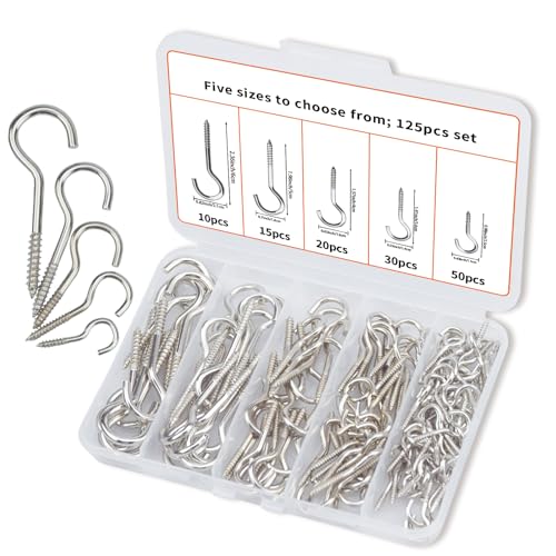 125 Pieces of Screw Cup Hook Set 5 Sizes Ceiling Small Hooks Wardrobe Decoration Hanging Accessories for Hanging Outdoor or Indoor use (0.98" 1.41" 1.57" 1.96" 2.36") (125, Silver) - color: Silver