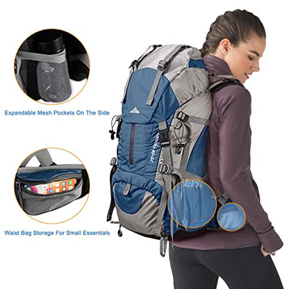 Loowoko 50L Hiking Backpack, Waterproof Camping Essentials Bag with Rain Cover, 45+5 Liter Lightweight Backpacking Back Pack - color: Dark Blue