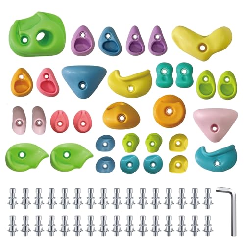32-Piece Rock Climbing Holds for Kids with Hardware, Pastel Colors | OUNPLEXAR Textured resin grips for indoor or outdoor playsets and home walls; M10 hardware fits boards up to 1.25 in thick - color: 32 Pcs - Pastel Color