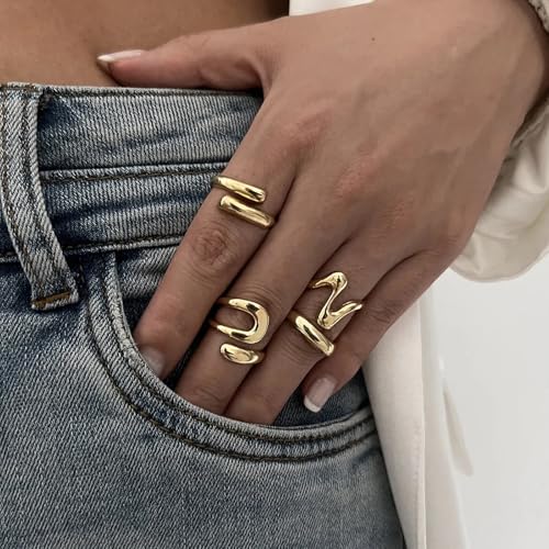 YEEZII Chunky Gold Rings for Women Non Tarnish, 18K Gold Plated Stackable Thumb Ring, Statement Women Rings Set - color: Gold-B