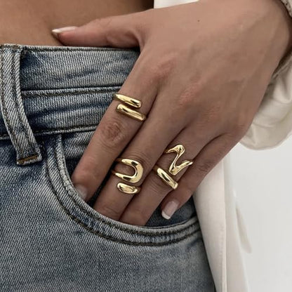 YEEZII Chunky Gold Rings for Women Non Tarnish, 18K Gold Plated Stackable Thumb Ring, Statement Women Rings Set - color: Gold-B