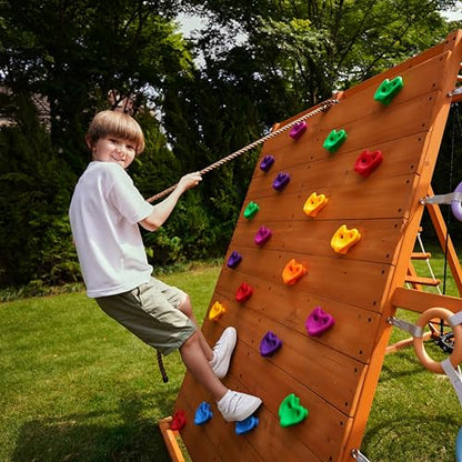 Sycamore Backyard Ultimate Climbing Set with 2 Swings and Trapeze Bar - Outdoor Playset for Kids with Gymnastics Bar, Rock Climbing Holds, and Sensory Playground Accessories - Wooden Swingset for Ages