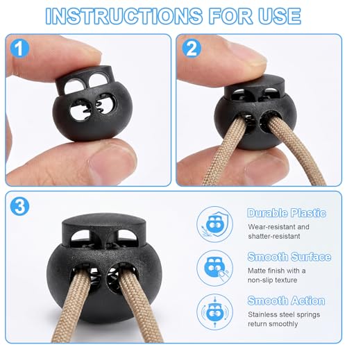 30 PCS Black Plastic Spring Cord Lock Toggle, Double Hole Drawstring Cord Lock Stopper Fastener Slider for Paracord, Shoelace Lock, Elastic Rope, Lanyard, Hoodies and Bags