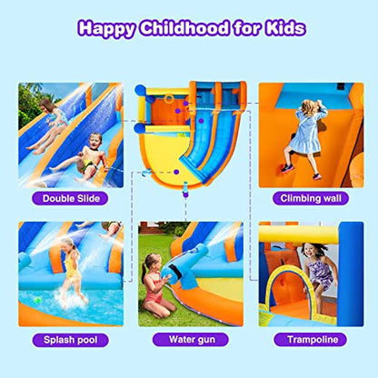 JOYLDIAS Inflatable Water Slide Bounce House,Giant Water Park, Double Slide Bouncer Castle w/Splash Pool, Jump Area, Climbing Wall, 550W Air Blower for Kids Backyard Indoor Outdoor Use,Free Water Gun - color: 6 in 1