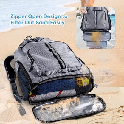Large Beach Backpack Waterproof Sandproof - Customized Oversized Drawstring Pool Bag with Shoe Compartment for Toiletries, Towels, Gym, Travel - color: Grey, size: Large