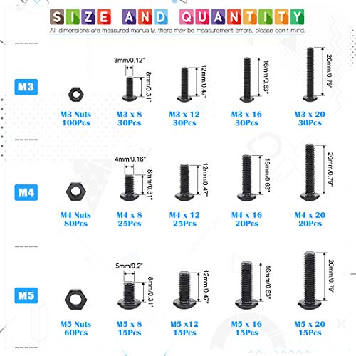 Glarks 510Pcs M3 M4 M5 Alloy Steel Button Head Socket Cap Bolts Screws with Nuts Assortment Kit, Black Oxide Finish(Button Head) - size: Hex Button Head Cap Screws Set