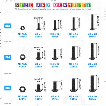Glarks 510Pcs M3 M4 M5 Alloy Steel Button Head Socket Cap Bolts Screws with Nuts Assortment Kit, Black Oxide Finish(Button Head) - size: Hex Button Head Cap Screws Set