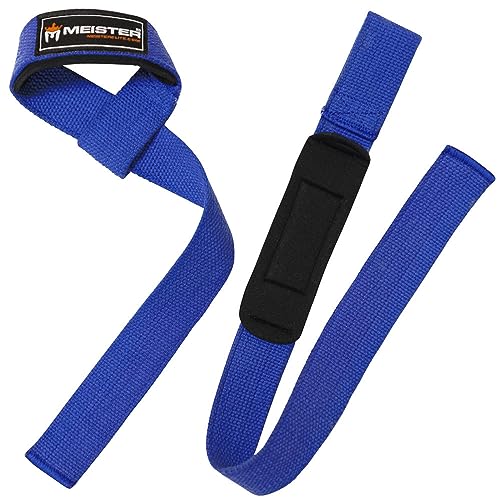 Meister Neoprene-Padded No-Slip Weight Lifting Straps for Grip (Pair) | Ridged woven cotton construction, enhanced wrist comfort and support for deadlifts, pulls, shrugs and heavy lifting - color: Blue