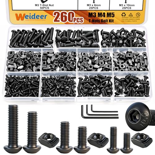 weideer 260PCS M3 M4 M5 T-Nuts Screws Assortment Kit,Nut and Bolt Assortment Sets Black for M-LOK System and 2020 Series Standard Aluminum - color: BK-260PCS-M3 M4 M5 T-Nuts