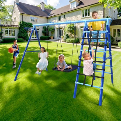 5-in-1 Metal Backyard Swing Set for Kids Outdoor Playground Equipment | 43" Platform Swing & Belt Seat, Climbing Rope Ladder, Rigid Ladder, Basketball Hoop, Enjoy Park-Style Fun Right At Home