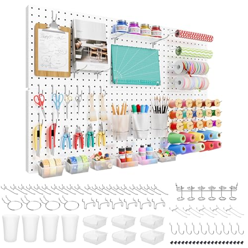 FZK Peg Board, 82PCS Metal Pegboard Wall Organizer Kit. Heavy Duty Pegboard, Peg Boards, Pegboard for Walls, White Pegboard for Garage Craft Room Workbench Office Kitchen Tool Organization, 36 * 24 - color: 82PCS-White Pegboard Kit