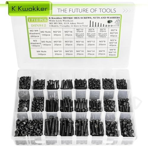 Hex Socket Metric Bolt Assortment, 1713Pcs M2 M3 M4 | 21 Sizes 4mm–30mm Length; 12.9 Alloy Steel, Zinc Plated; Includes Screws, Nuts & Washers and Hex Bits for Machinery Repair - size: A. M2 M3 M4