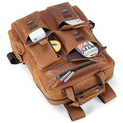 Polare Cowhide Leather Multiple Laptop Backpack Day Pack Travel Bag Satchel For Men - color: Light Brown