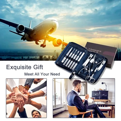 Manicure Kit, FAMILIFE Professional Manicure Set Nail Kit, 11 in 1 Stainless Steel Nail Clippers Set for Men Pedicure Tool, Men Grooming Tool with Portable Blue Leather Travel Case Luxury Gifts - color: Navy Blue